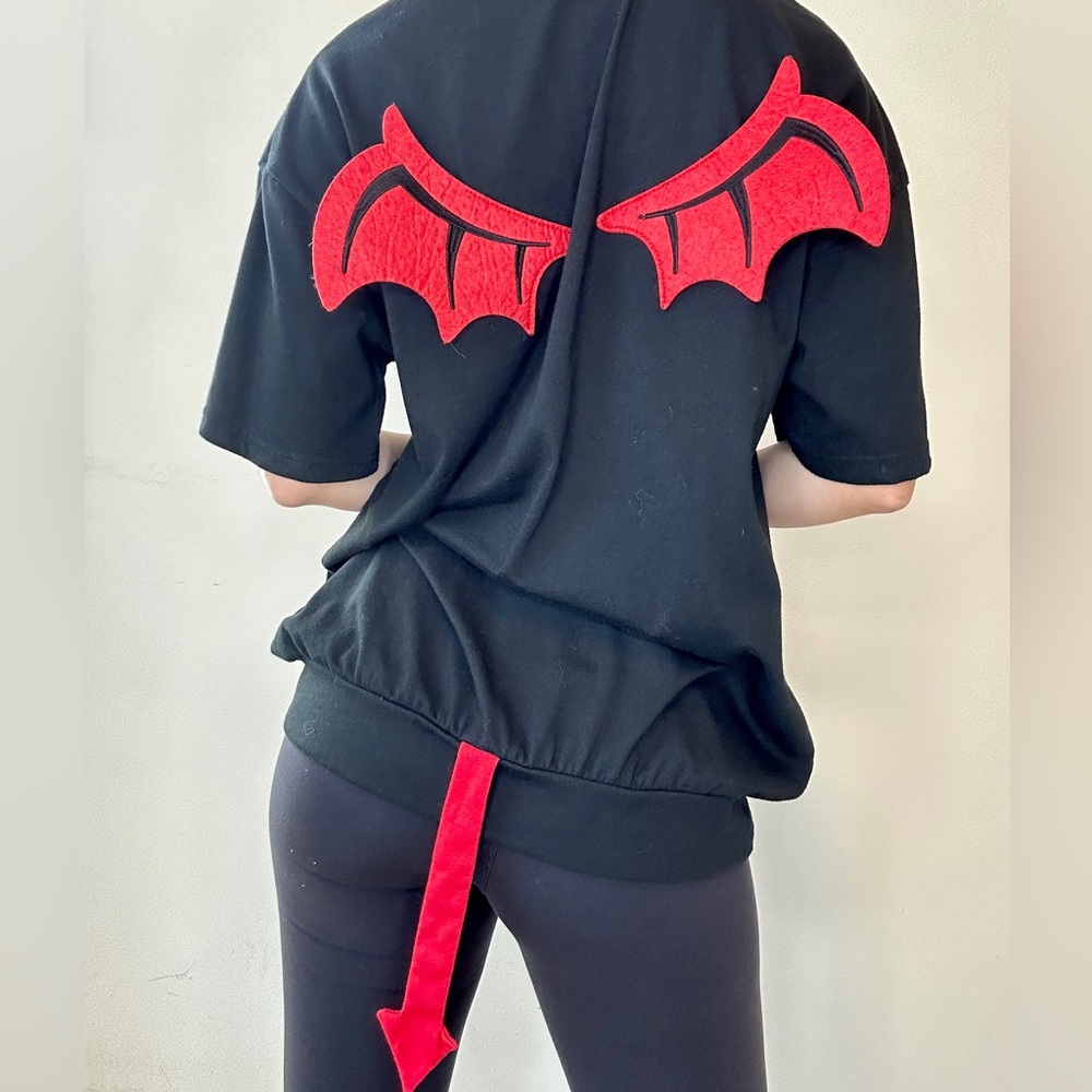 Tokyo Harajuku Style Black Devil Hoodie with Red Wings, Tail, & Horns, M